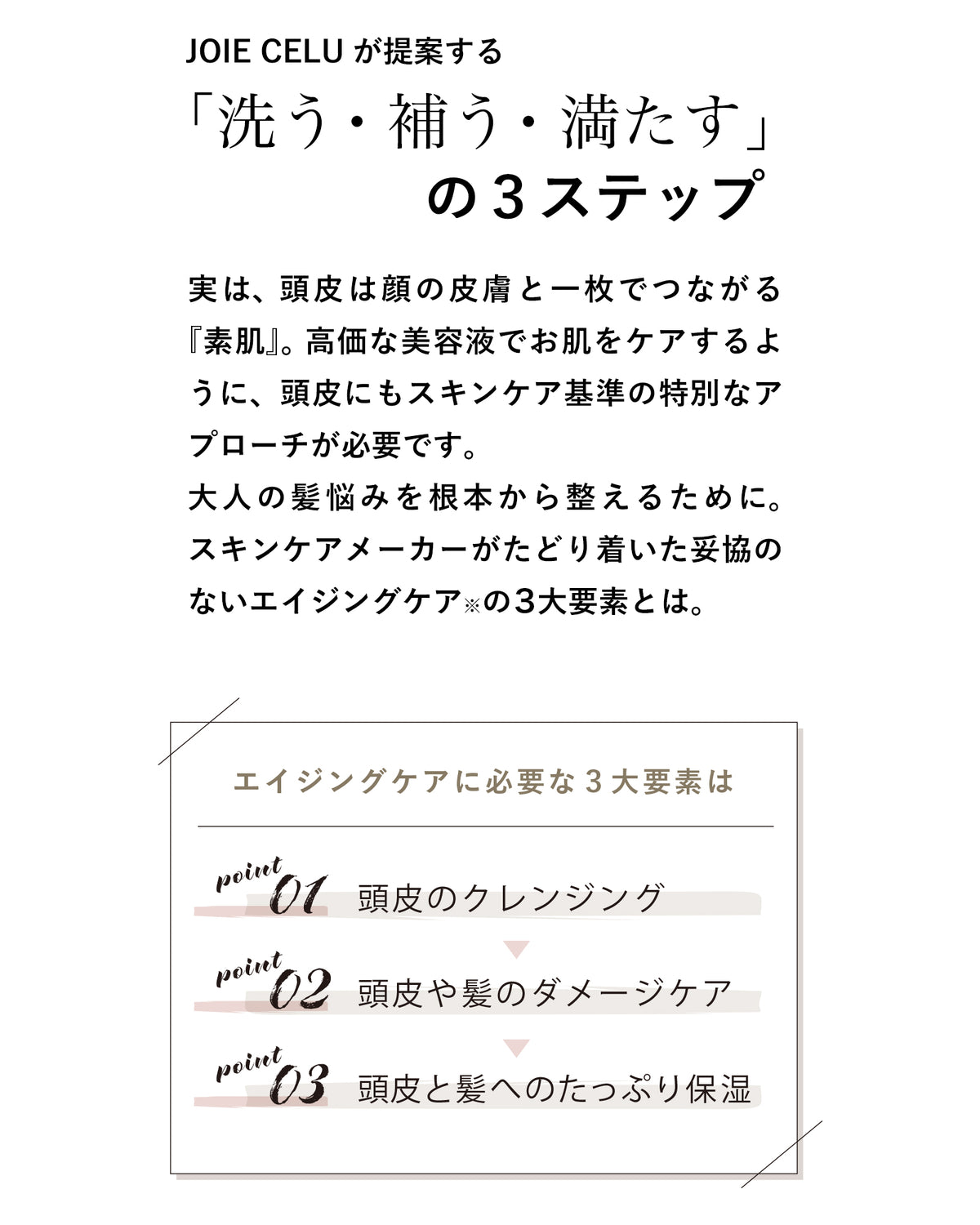 頭皮は顔の皮膚と一枚でつながっている素肌。高価な美容液でお肌をケアするように頭皮にもスキンケア基準の特別なアプローチが必要です。